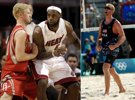 Chase Budinger als basketballer en nu als beachvolleyballer. 