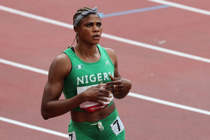 Blessing Okagbare tijdens de 100 meter in Tokio.