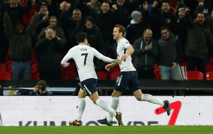 Soccer Football - Premier League - Tottenham Hotspur vs Everton - Wembley Stadium, London, Britain - January 13, 2018   Tottenham's Harry Kane celebrates scoring their second goal with Son Heung-min           Action Images via Reuters/Matthew Childs    EDITORIAL USE ONLY. No use with unauthorized audio, video, data, fixture lists, club/league logos or "live" services. Online in-match use limited to 75 images, no video emulation. No use in betting, games or single club/league/player publications.  Please contact your account representative for further details.