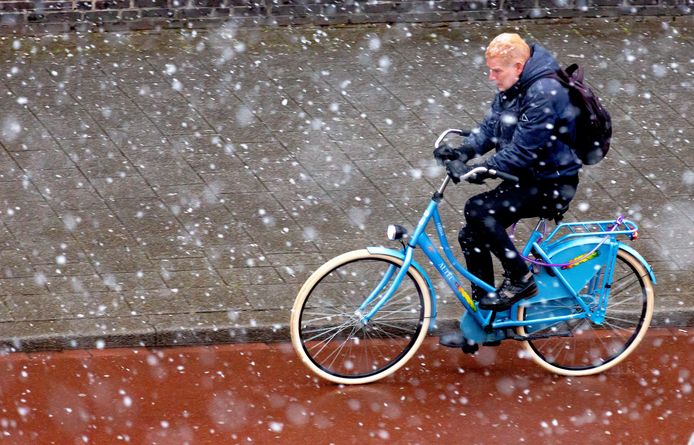 Een fietser trotseert een sneeuwbui in Rotterdam. Foto ter illustratie.