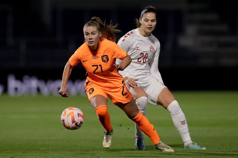 Victoria Pelova tijdens de wedstrijd Nederland-Denemarken, november 2022. Beeld Getty Images