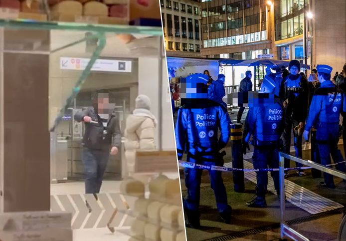 Beelden tonen hoe de verdachte passanten met een mes belaagt in het metrostation. Rechts politie bij metrostation Schuman.
