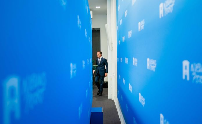 Premier Mark Rutte tijdens de wekelijkse persconferentie na afloop van de ministerraad.