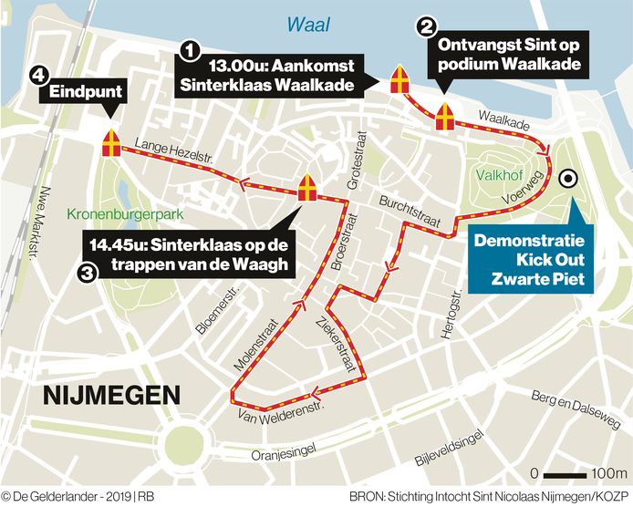 De route van de intocht van Sinterklaas in Nijmegen.