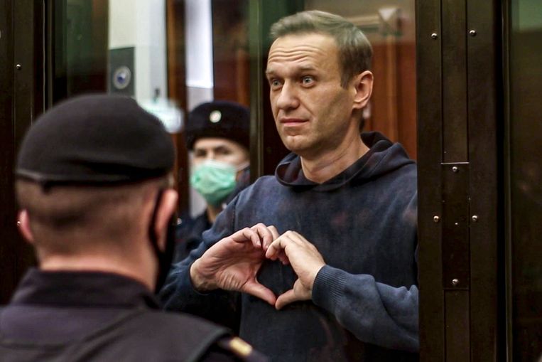 Aleksej Navalny in de rechtbank, februari dit jaar. Beeld AP