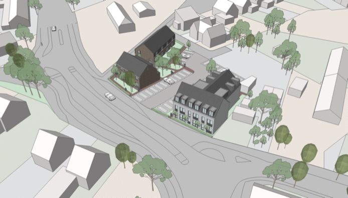 Een 'artist impression' van het gepresenteerde bouwplan op de locatie van het voormalige wokrestaurant aan de Andreasstraat/N395. De twee gebouwen aan de straatzijde bevatten appartementen, daarachter staan nog vier geschakelde, grondgebonden woningen met een kleine tuin.