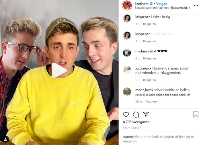 YouTuber korthom heeft via ‘een betaald partnerschap’ met Rijksoverheid.nl een filmpje op zijn Instagrampagina geplaatst waarin hij de maatregelen van het kabinet promoot.