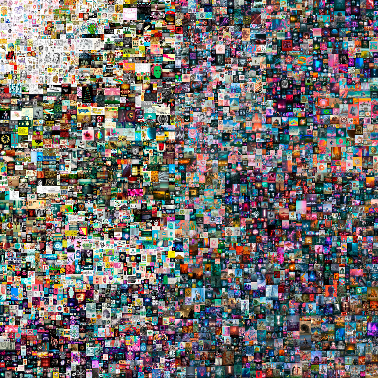 Beeple's collage van vijfduizend digitale afbeeldingen 'Everydays: The First 5000 Days' ging voor bijna 70 miljoen dollar naar de in Singapore ­wonende investeerder ‘Metakovan’. Beeld AP