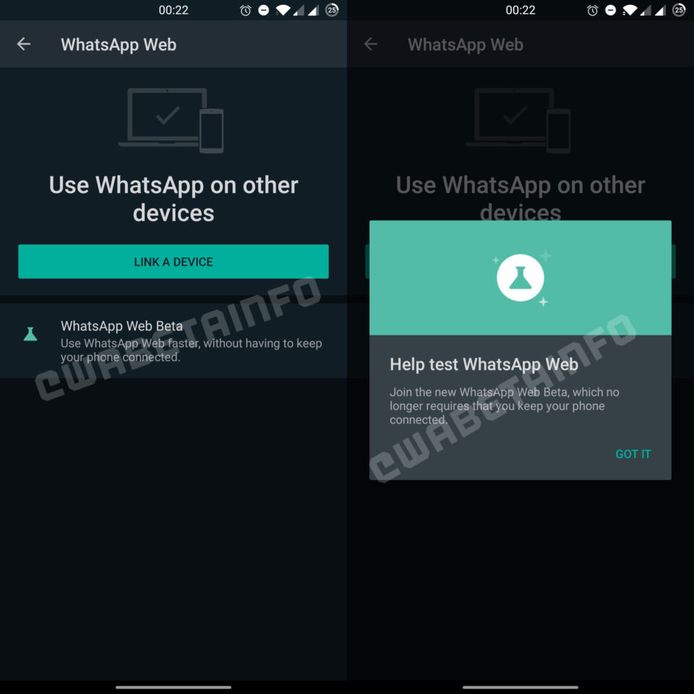 Meldingen waarmee WhatsApp binnenkort zou oproepen om de nieuwe functies te testen.