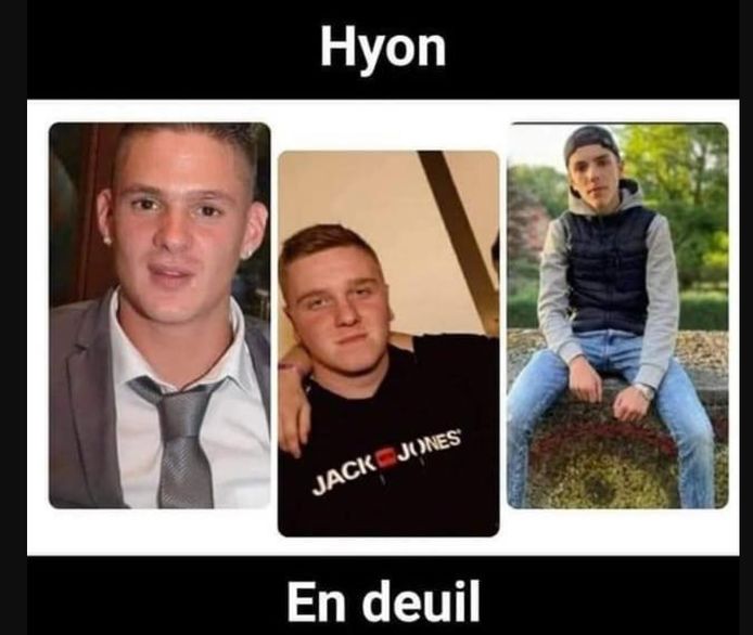 Dylan  Garrido-Hinojo (27) (links),  Andréa Thirion (16) (midden) en Adrien Bucelli-Campus (19) lieten in september het leven in het verkeersongeval.