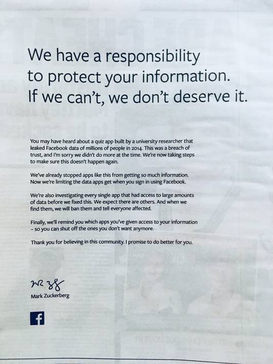 Mark Zuckerberg maakte in een paginagrote advertentie zijn excuses