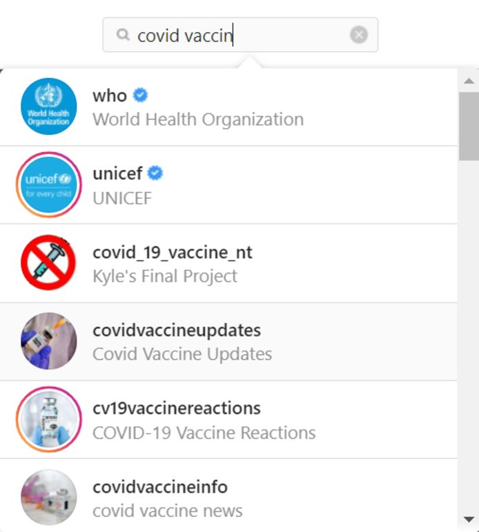 Screenshot van de resultaten op Instagram wanneer je zoekt op 'COVID vaccin'.