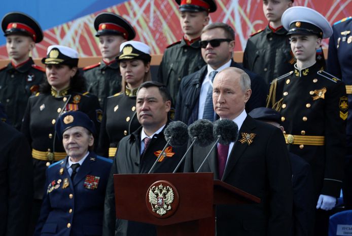 De Russische president Vladimir Poetin op de 9 meiparade in Moskou.