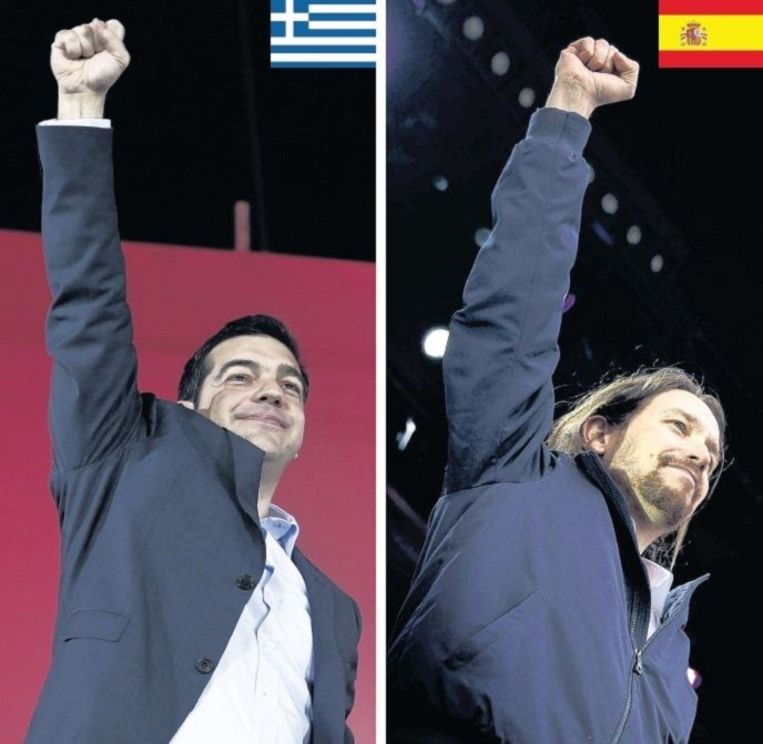 Alexis Tsipras, leider van Syriza en sinds kort premier van Griekenland, en Pablo Iglesias, de voorman van de Spaanse progressieve partij Podemos. Beeld Reuters & AP