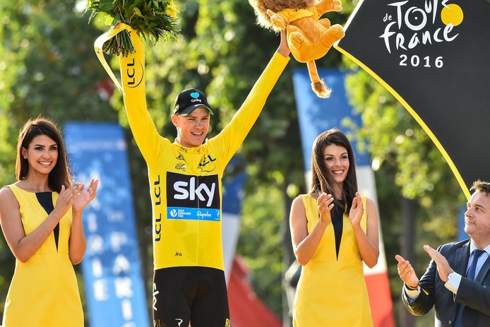 Chris Froome in de gele trui in 2016. Hij won de Tour in 2013, 2015, 2016 en 2017.