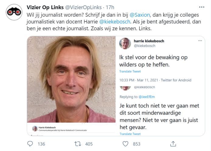 De Raaltenaar, die sinds 2010 les geeft aan Saxion in Enschede,  kwam afgelopen weekeinde in de picture nadat het Twitteraccount ‘Vizier op Links’ zijn 16.000 volgers attendeerde op de tweets van Kiekebosch.