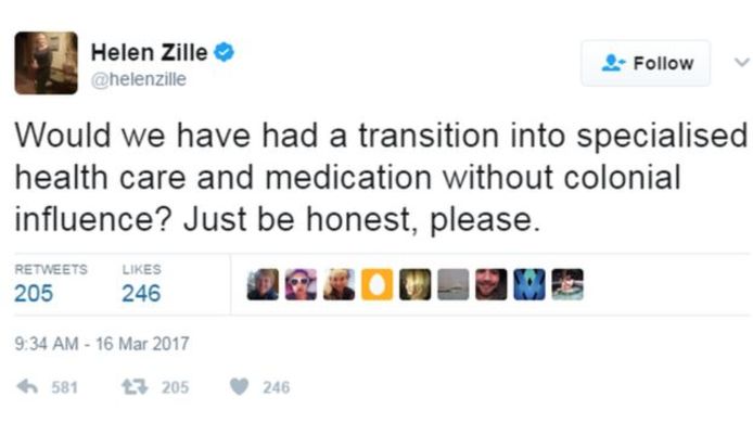 Een van de tweets waardoor de Zuid-Afrikaanse politica Helen Zille in de problemen kwam.