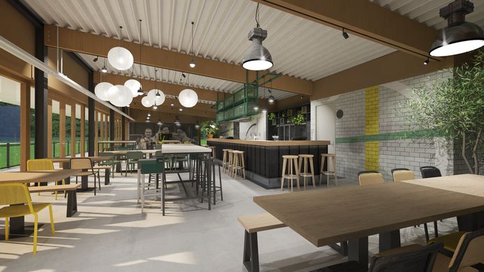 Zo gaat de kantine van voetbalclub RPC op sportpark Heihoef aan de Roostenlaan in Eindhoven er uit zien. Een ontwerp van Hal2.