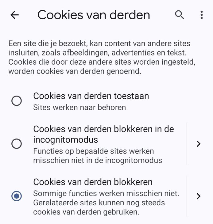 Cookies van derden blokkeren bij Chrome.