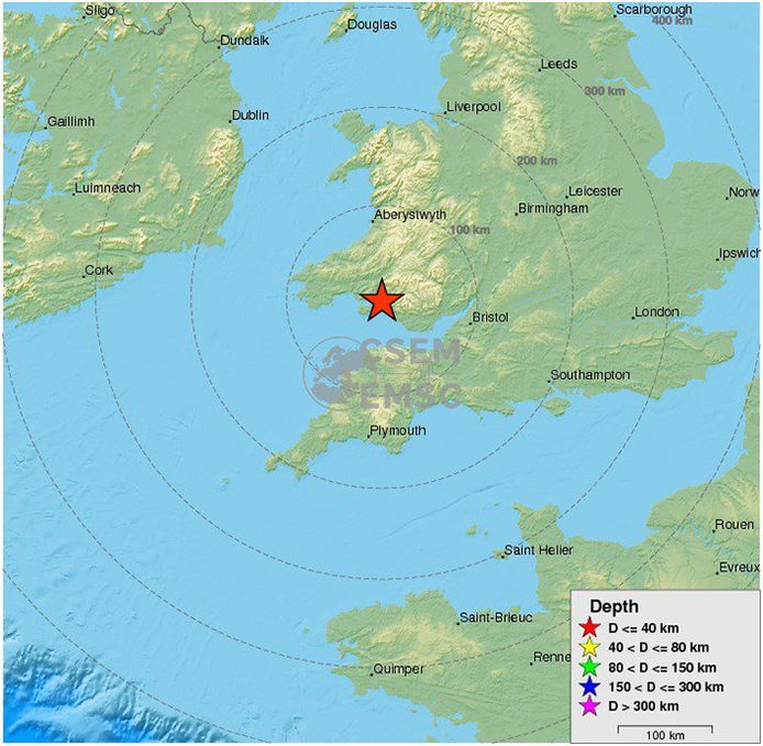 Het epicentrum van de aardbeving situeerde zich in het zuiden van Wales.