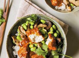 Rijst met sticky tofu, shiitake & koriander