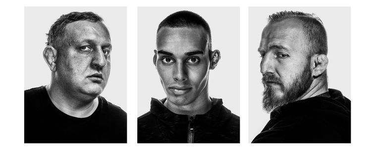 Vlnr: Zviad Bidzishvili (40), Georgië, worstelen; Tycho Brakel (22), Nederland, mixed martial arts; Dennis Vonk (30), Nederland, judo en mixed martial arts Beeld Adrie Mouthaan