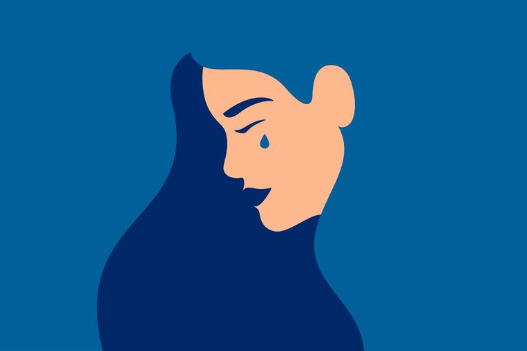 Sad young girl is crying on a blue background. Side view of weeping woman emotions grief. Human character vector illustration Beeld Getty Images/iStockphoto