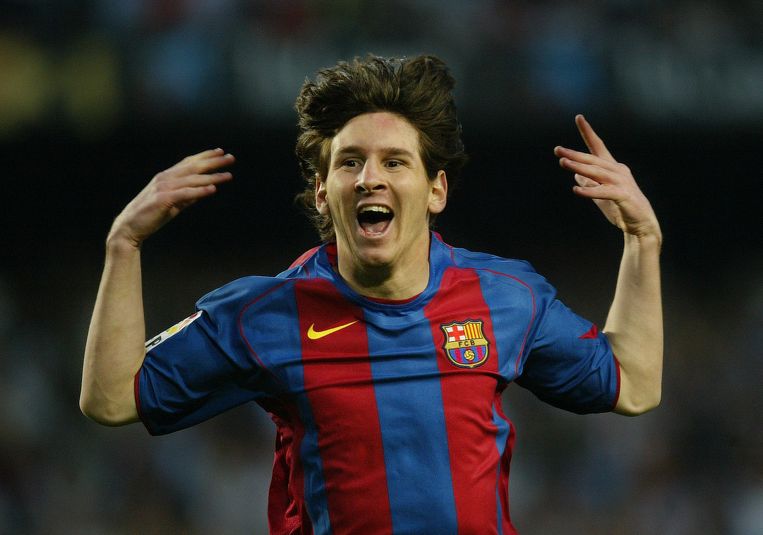 Messi viert zijn doelpunt tegen Albacete op 1 mei 2005. Beeld AP
