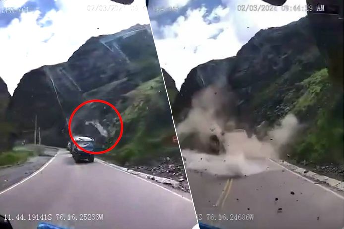 Dashcam filmt hoe gigantische rots op vrachtwagen rolt