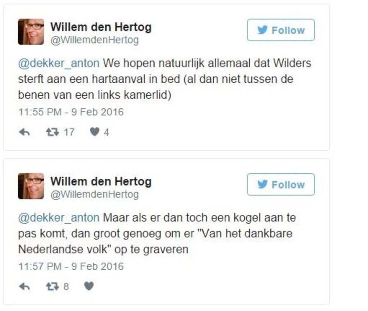 De inmiddels verwijderde tweets van Den Hertog. Beeld Twitter