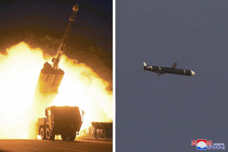De lancering van de raketten Beeld Staatspersbureau KCNA via REUTERS