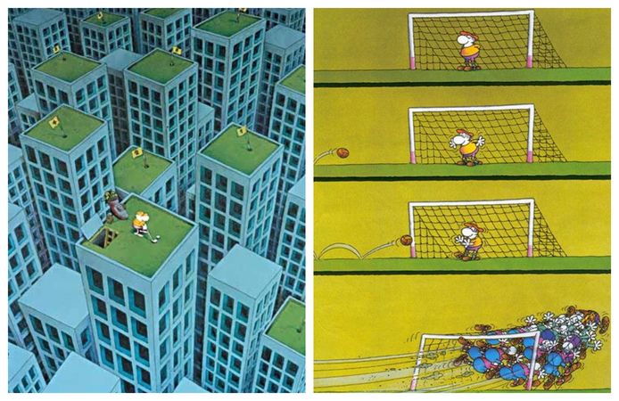 Mordillo vond veel inspiratie in golf en voetbal. Een van zijn bekendste cartoons is Rooftop Golf (links).