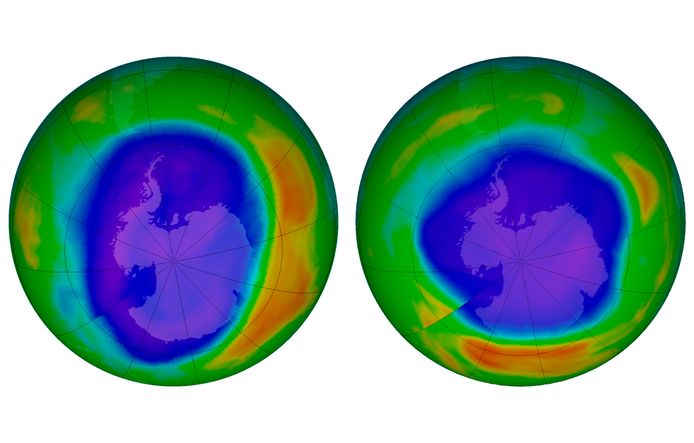 Combinatiebeeld van NASA toont gebieden met weinig ozon boven Antarctica in 2000 (L) en 2018 (R). De paarse en blauwe kleuren tonen waar er het minste ozon is, in de gele en rode gebieden is er meer ozon.
