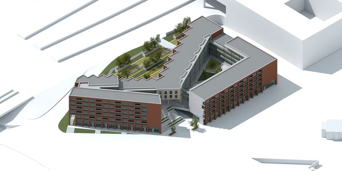 Een artist-impressie van ontwikkelaar Thes van het nieuwe appartementencomplex met supermarkt dat naast station Breda gebouwd gaat worden.