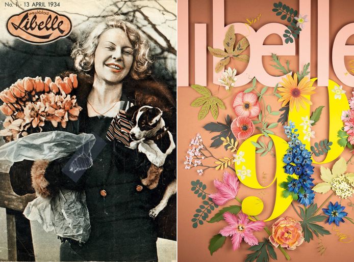 Libelle bestaat 90 jaar, links de cover van de eerste Libelle 13 april 1934 en het  jubileumnummer april 2024.