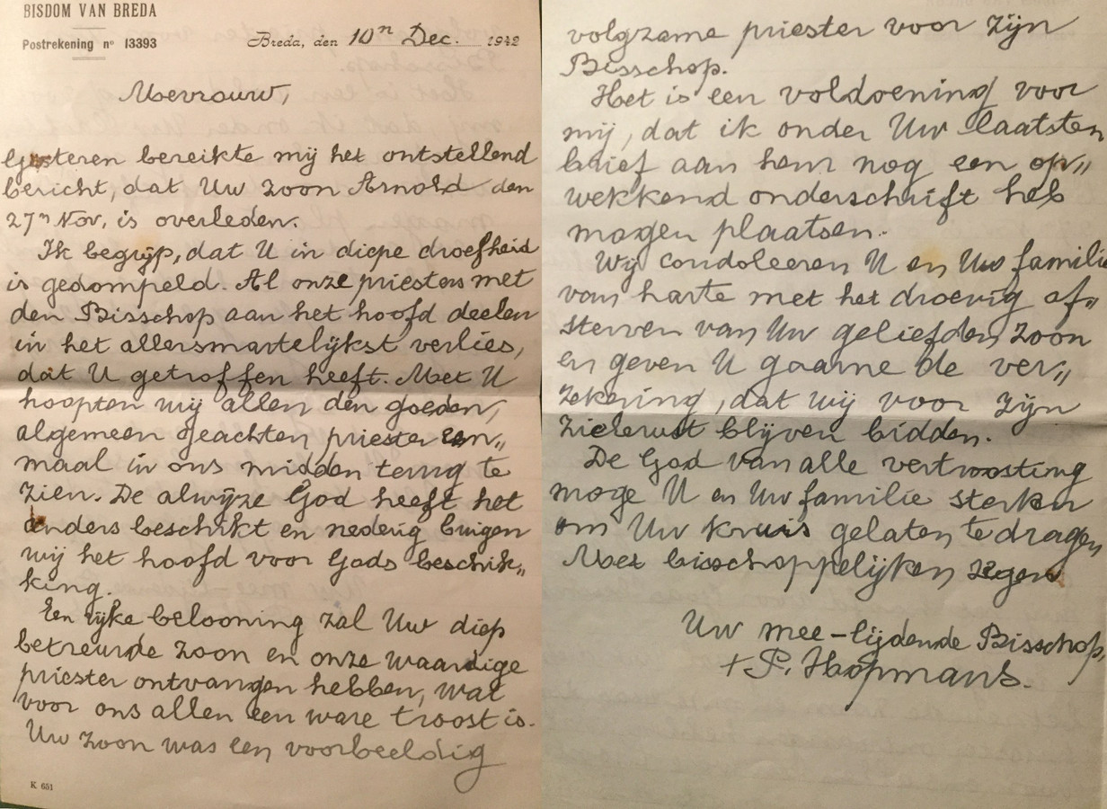 Condoleancebrief van bisschop Hopmans aan familie Van Lierop, 10 december 1942.