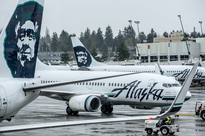 Vliegtuigen van Alaska Airlines op de luchthaven van Seattle.