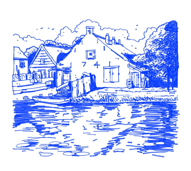 Bootje en handkar zijn verdwenen, verder is dit huis onveranderd sinds Mondriaan het in 1900 schilderde. Beeld Joost Stokhof