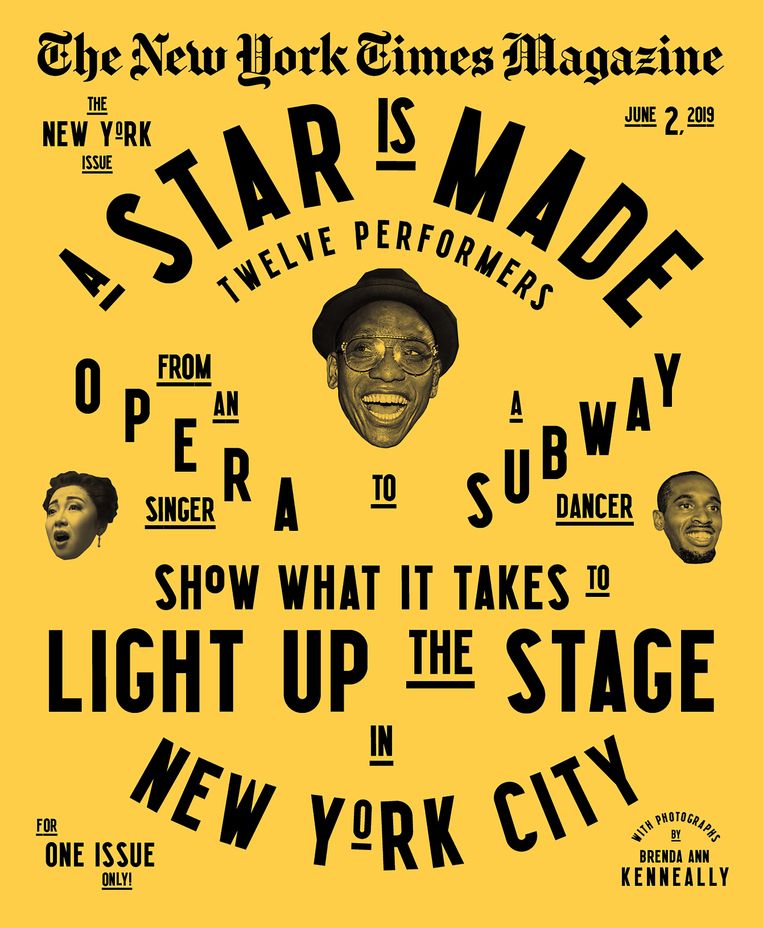 De typografische cover van 2 juni, over performers in New York. Beeld New York Times Magazine