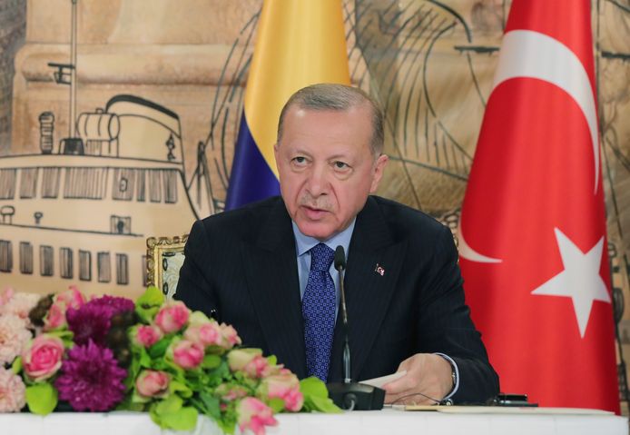 De Turkse president Recep Tayyip Erdogan tijdens een persconferentie in Istanboel.