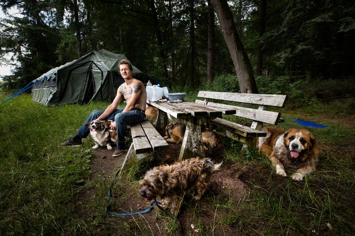 Victor Spijkerman met zijn honden bij zijn tent in het Valkenswaardse buitengebied: ,,