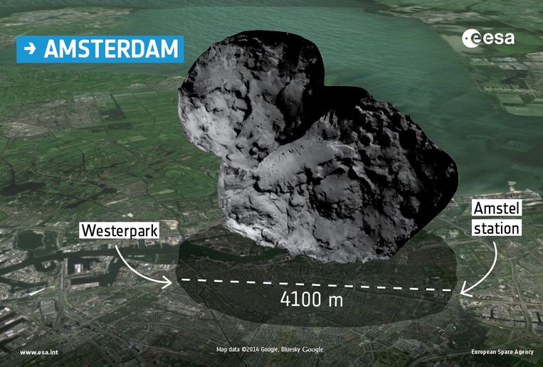 Als komeet 67P/C op Amsterdam zou liggen, zou dat er ongeveer zo uit zien. Beeld ESA