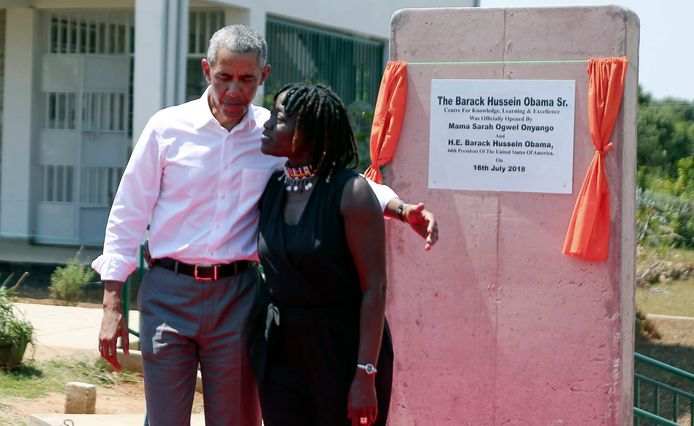 Former US President Barack Obama and his half sister Auma Obama, at Kogelo, Kenya, Monday, July 16, 2018. Former U.S. President Barack Obama Monday praised Kenya's president and opposition leader for working together but said this East African country must do more to end corruption. Obama, on his first visit to Africa since stepping down as president, commended President Uhuru Kenyatta and opposition leader Raila Odinga for cooperating following last year's disputed presidential election which were marked by violence. (AP Photo Brian Inganga)