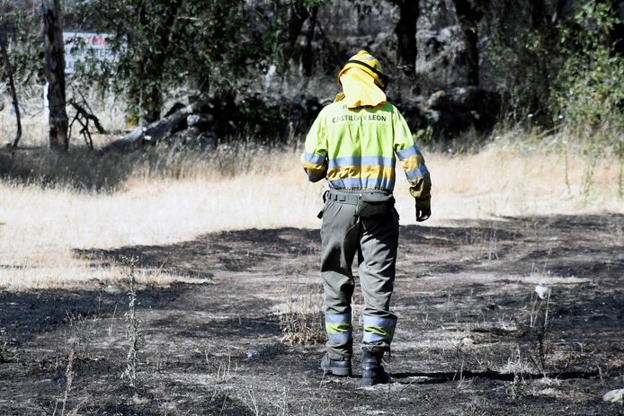 Een Spaanse brandweerman loopt door een afgebrand stuk bos.