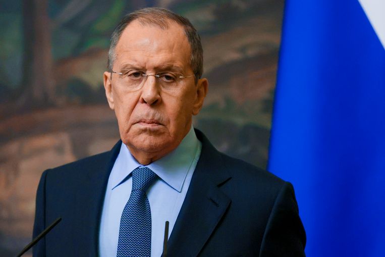Sergej Lavrov tijdens een persconferentie met VN-chef Antonio Guterres op 26 april in Moskou. Beeld AP