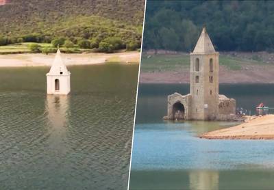 De extreme droogte in beeld: duizend jaar oud kerkje komt dit jaar wel erg vroeg boven water