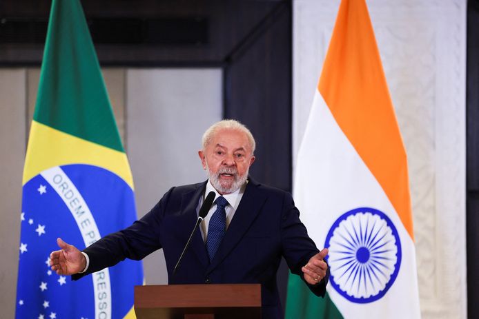 Beeld ter illustratie. De Braziliaanse president Luiz Inacio Lula da Silva spreekt tijdens een persconferentie in een hotel na de G20-top, in New Delhi, India.