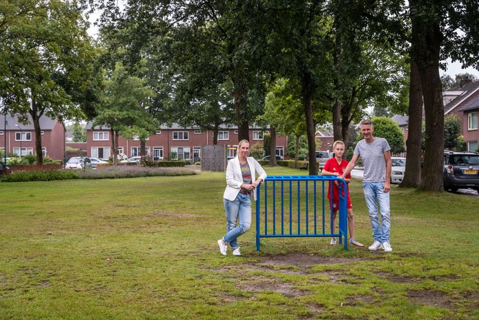 Daphne Paulissen, Stijn Biemans en Bert Biemans (v.l.n.r.) zetten zich in voor de aanpak van het parkje en de speeltuin aan het Terlingenplein in Aarle-Rixtel.
