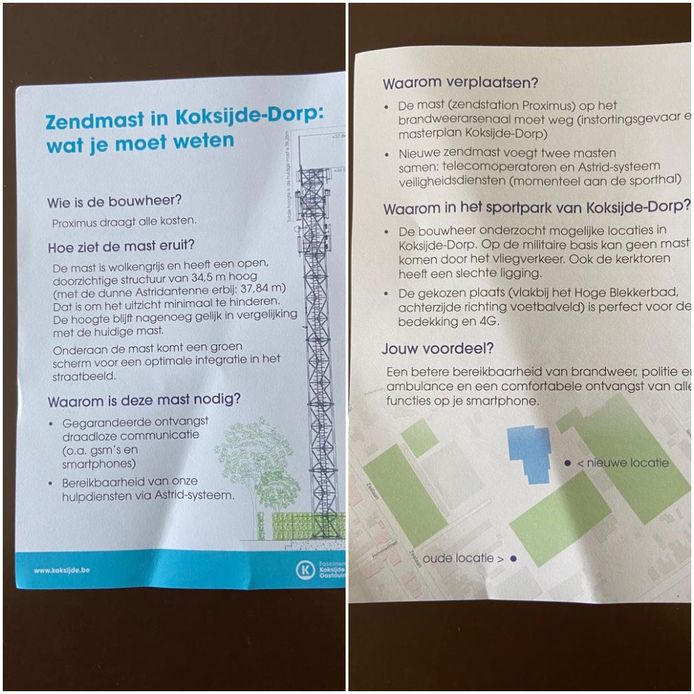 Maandag verspreidde de gemeente Koksijde deze flyer over de zendmast