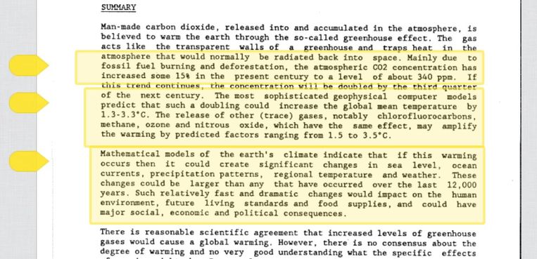 In het rapport uit 1988 wordt tot 3,5 graden ­opwarming van de aarde voorspeld. Evenals een stijging van de zeespiegel, veranderingen in de oceaanstromingen, extreme weersomstandigheden, enzovoorts. Beeld Shell
